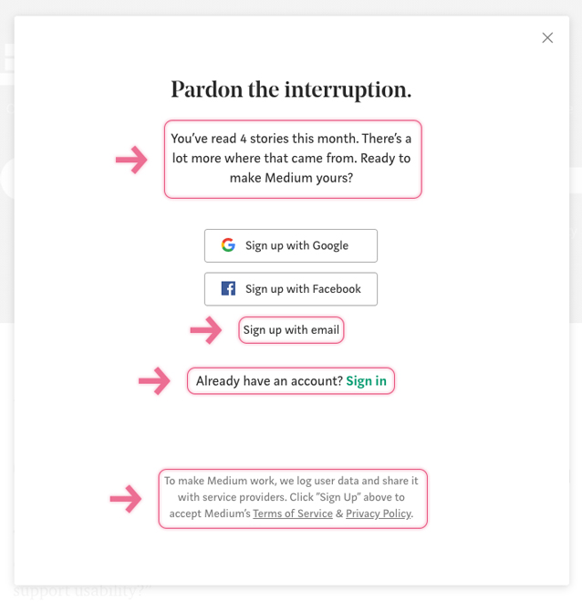 Modale d'inscription sur medium.com